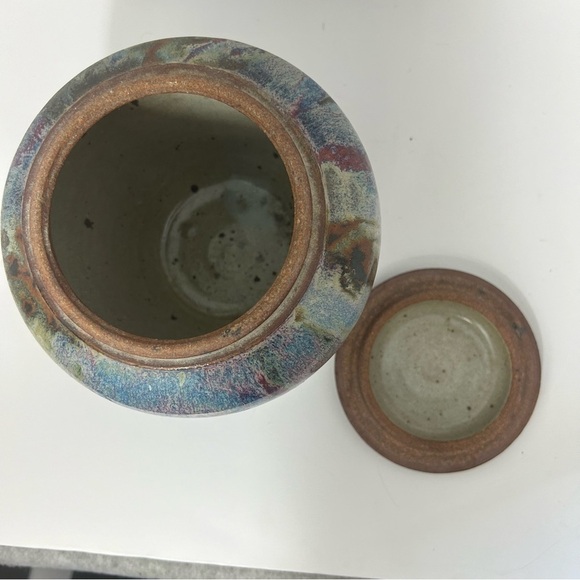 Studio Art Pottery Ginger Jar Urn Canister Lid Signed Blue Purple  Rustic - Picture 5 of 7